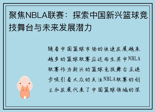 聚焦NBLA联赛：探索中国新兴篮球竞技舞台与未来发展潜力